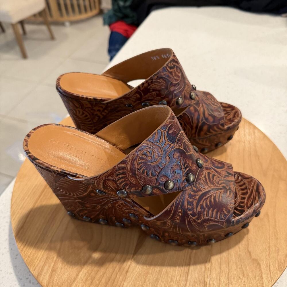 Clergerie Platform Womens 8 Dael Mules Tooled Leather Wedge Brown Studded Boho